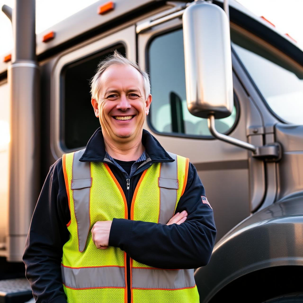 Owner-operator standing in front of a sleeper cab semi-truck