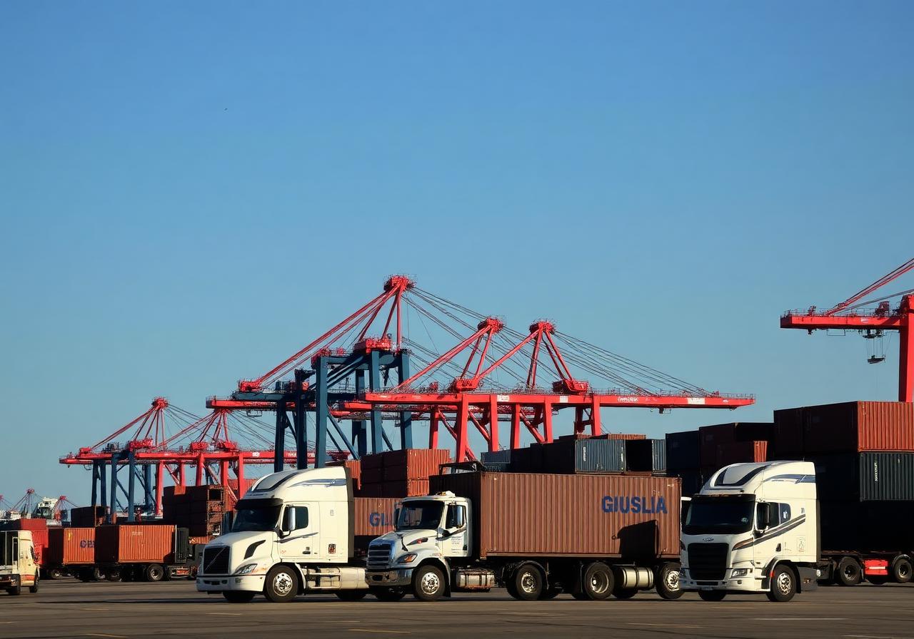 Container cranes loading trucks at the Port of Houston
